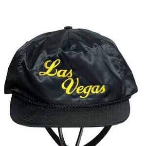VINTAGE Las Vegas Hat Cap Strap Back Black Satin Shinny Rope Royal Pacific Mens